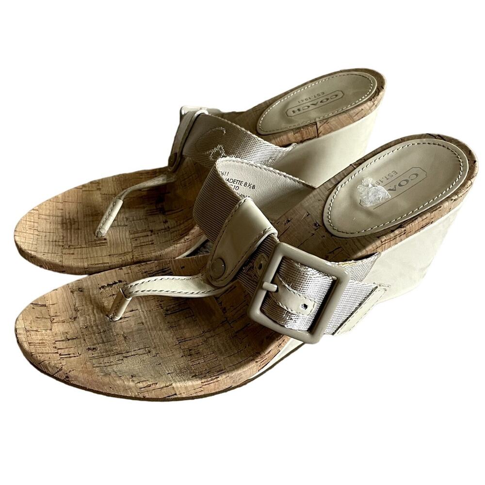 Coach Bernadette Cream & Tan Monogram Thong Wedge Sandal Heels Women's Size 8.5